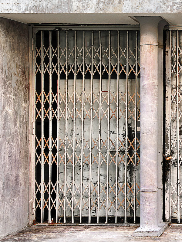 Industrial Urban Metal Gate Photography Backdrop - A distressed industrial metal gate photography backdrop with rusted latticework, ideal for professional photoshoots.