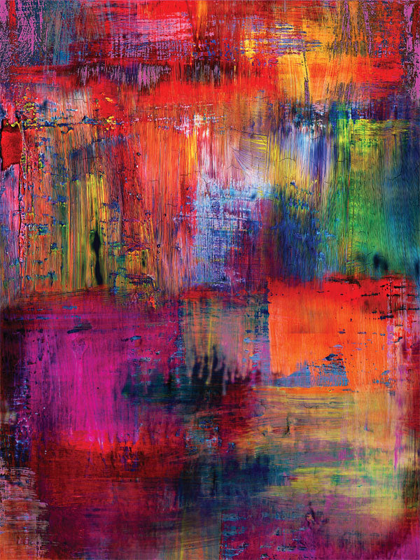 Bold photography backdrop with overlapping brushstrokes in pink, blue, and orange tones.