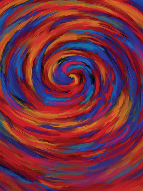 Vivid spiral backdrop in fiery red, cobalt blue, and golden yellow brushstrokes.