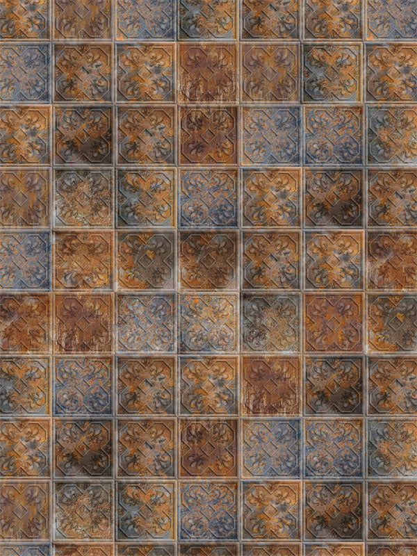 Rustic iron tile patterned photography backdrop with intricate blue and brown designs, ideal for creating a vintage, textured setting.
