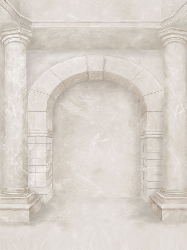 Ivory-colored archway photography backdrop featuring a marble texture and classical architectural columns, ideal for professional studio use.