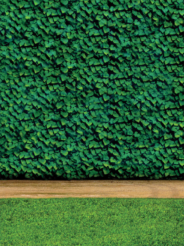 A classic sports photography backdrop showing dense ivy on a stadium wall, with a narrow dirt track and lush green grass foreground.