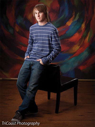 Bold swirling design with painterly texture in saturated jewel tones.