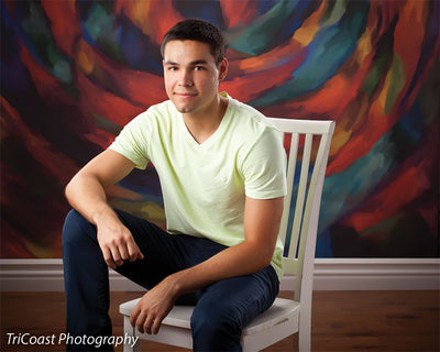 Abstract background with swirling warm and cool hues for bold portraits.