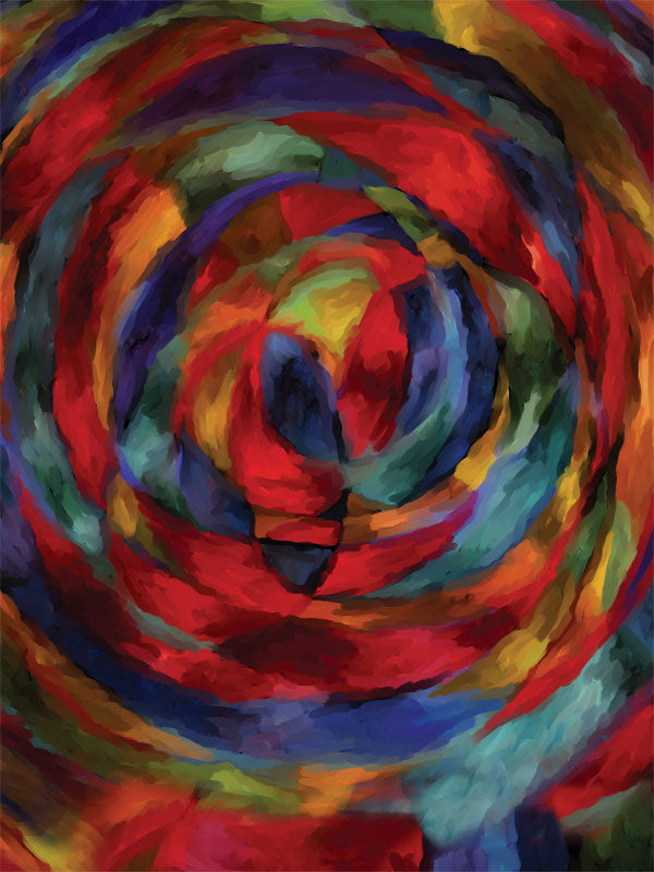 Vivid spiral of red, blue, yellow, and green brushstrokes in a dynamic abstract pattern.