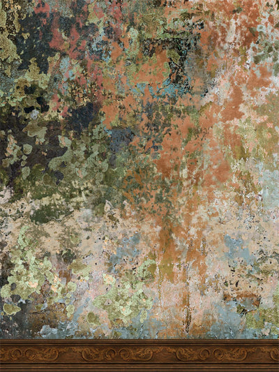 Distressed artistic wall backdrop with rustic, multi-color textures, ideal for professional use in portraits, events, and editorial photography.