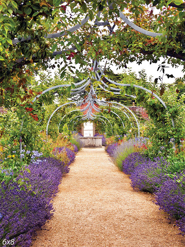 Lavender Garden Archway Photography Backdrop - Lavender garden archway photography backdrop with blooming flowers and elegant metal arches.