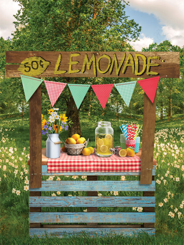 Lemonade Stand Photography Backdrop - Lemonade stand backdrop with rustic wooden elements, a colorful bunting banner, and a lemonade setup, ideal for playful photoshoots.