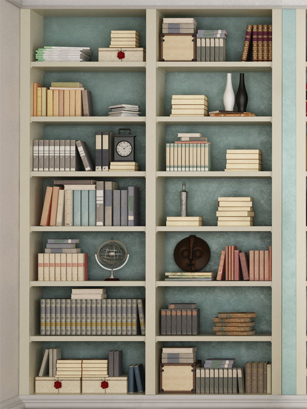 Library Bookshelf Photography Backdrop - Elegant bookshelf backdrop with books and vintage decor, perfect for education-themed photography sessions.