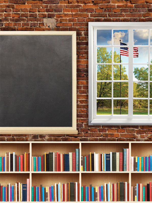 Library Classroom Photography Backdrop - Classroom-themed backdrop featuring a chalkboard, bookshelf with books, and a window with an American flag for school-themed photoshoots.