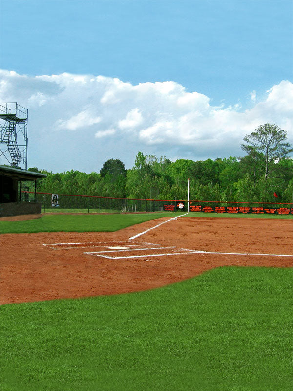 Photography backdrop of a local baseball field with home plate, dugout area, green trees, and scoreboard banners in the background.