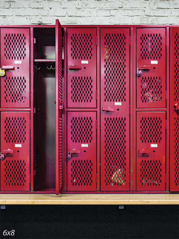 Locker Room Red Photography Backdrop - Red metal lockers backdrop with an open door, ideal for sports-themed and school-related photoshoots.