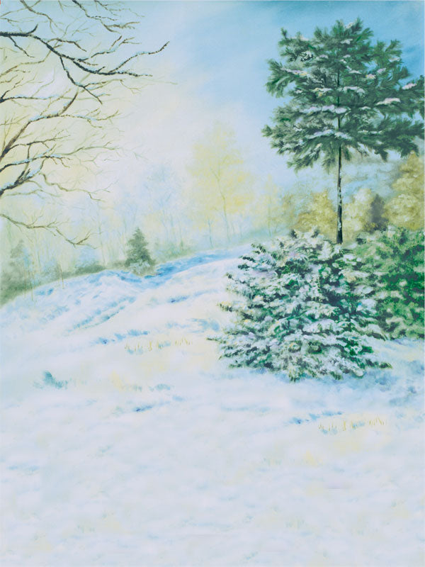A scenic winter photography backdrop featuring a snow-covered landscape, a lone pine tree, and a soft blue sky for seasonal and holiday-themed portraits.