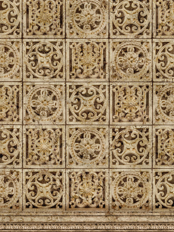 Ornate distressed tile-pattern photography backdrop with intricate detailing, ideal for adding a vintage, historic feel to professional photo shoots.