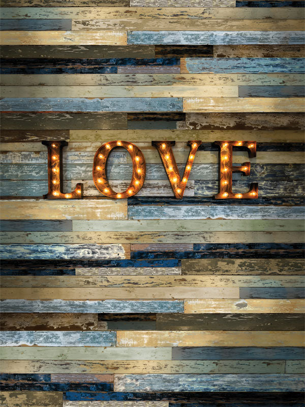 Love Rustic Wood Photography Backdrop - Rustic wood plank photography backdrop with a lit-up "LOVE" sign in the center, perfect for romantic and vintage-themed photoshoots.