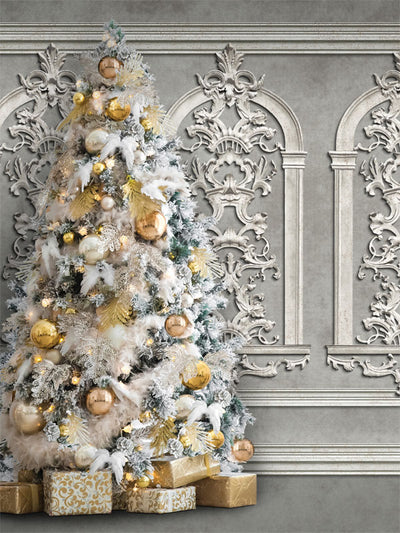 Luxurious Christmas Tree Photography Backdrop - Luxurious Christmas tree photography backdrop featuring gold and white decorations, perfect for holiday and family portrait sessions.