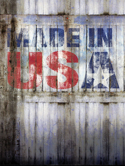 Made in USA Rustic Photography Backdrop - Rustic photography backdrop featuring the phrase "MADE IN USA" in distressed red, white, and blue lettering on a weathered wooden background.