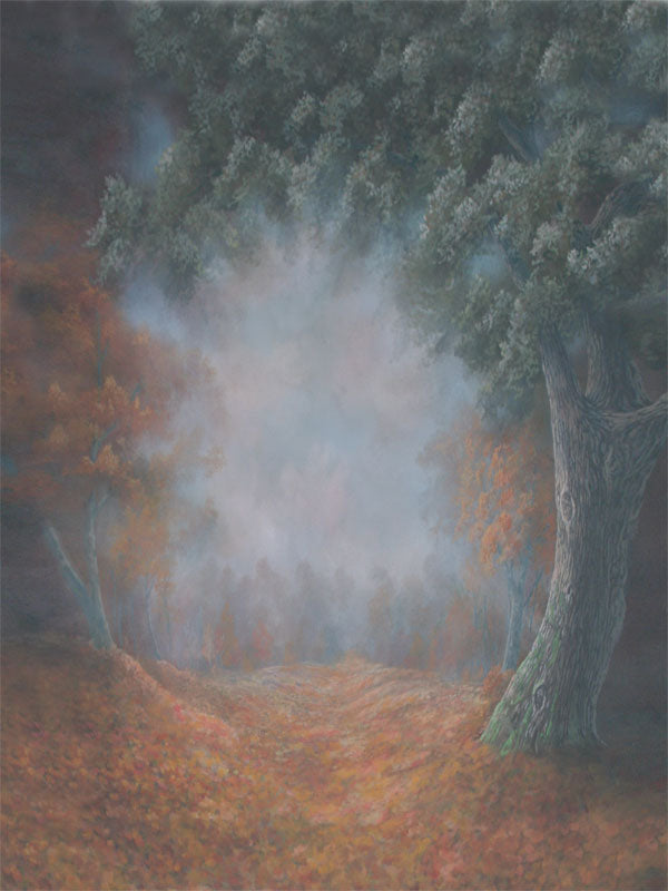 A foggy autumn forest backdrop with scattered leaves and muted orange hues.