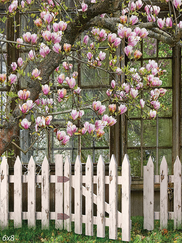 Magnolia Blossom Garden Photography Backdrop - Rustic white picket fence with blooming magnolia flowers used as a photography backdrop.