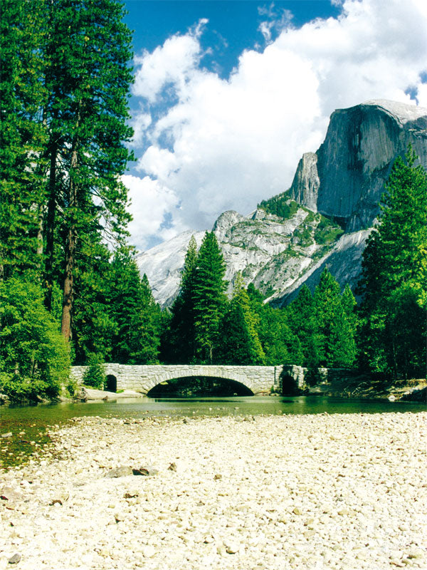 A breathtaking mountain photography backdrop featuring towering peaks, evergreen trees, and a scenic stone bridge.