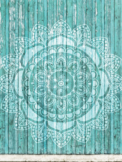 Mandala on Turquoise Wood Photography Backdrop - Turquoise wooden photography backdrop with a white mandala design, perfect for creative photoshoots with a rustic and bohemian feel.