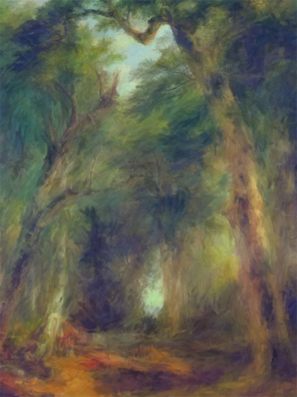 Painterly forest scene with towering trees, lush foliage, and dappled light.