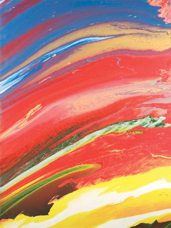 Bold abstract studio backdrop with swirling red, yellow, and blue paint effects.