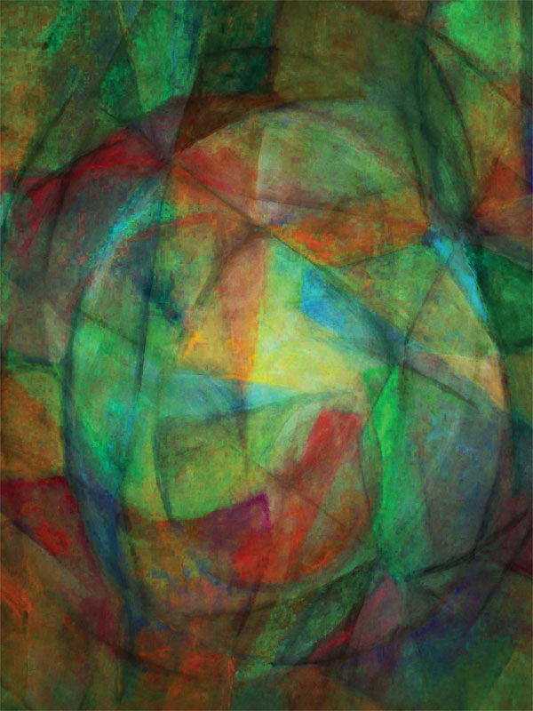 Abstract backdrop with layered greens, warm golds, and translucent shapes.