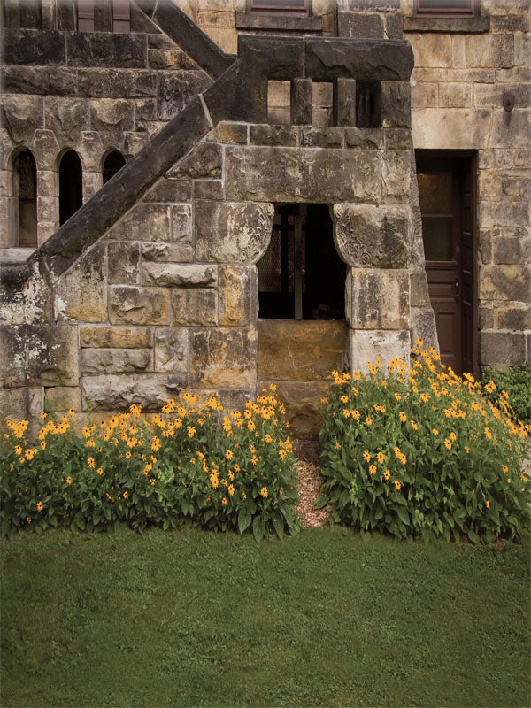 Weathered stone building with carved stairway and blooming yellow flowers.