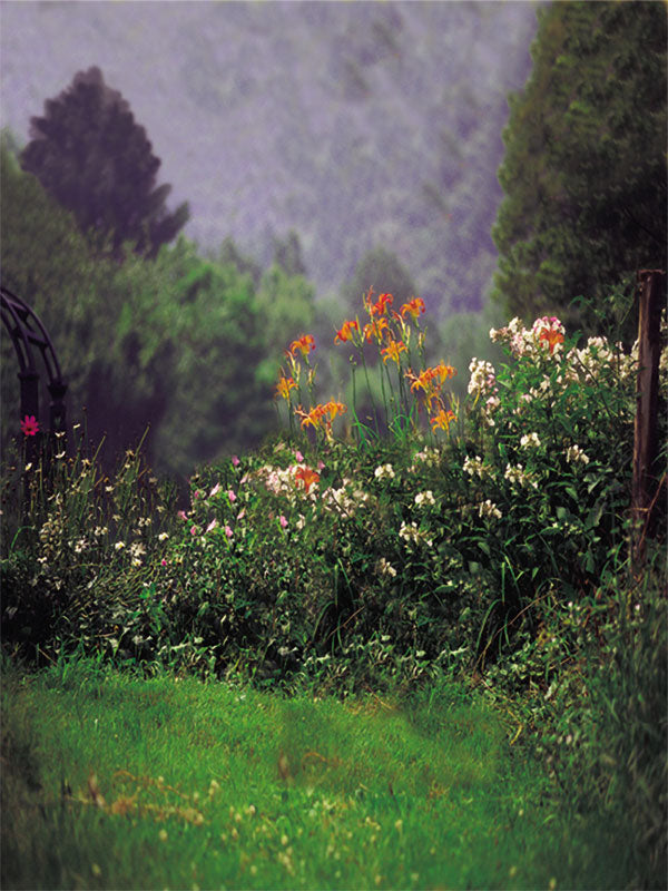 A scenic meadow photography backdrop featuring lush green grass, colorful wildflowers, and a soft-focus mountain view.