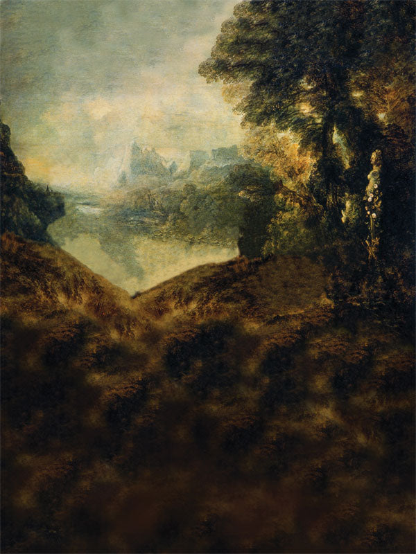 A romantic landscape backdrop featuring rolling hills, a distant lake, and lush trees in warm Mediterranean tones.