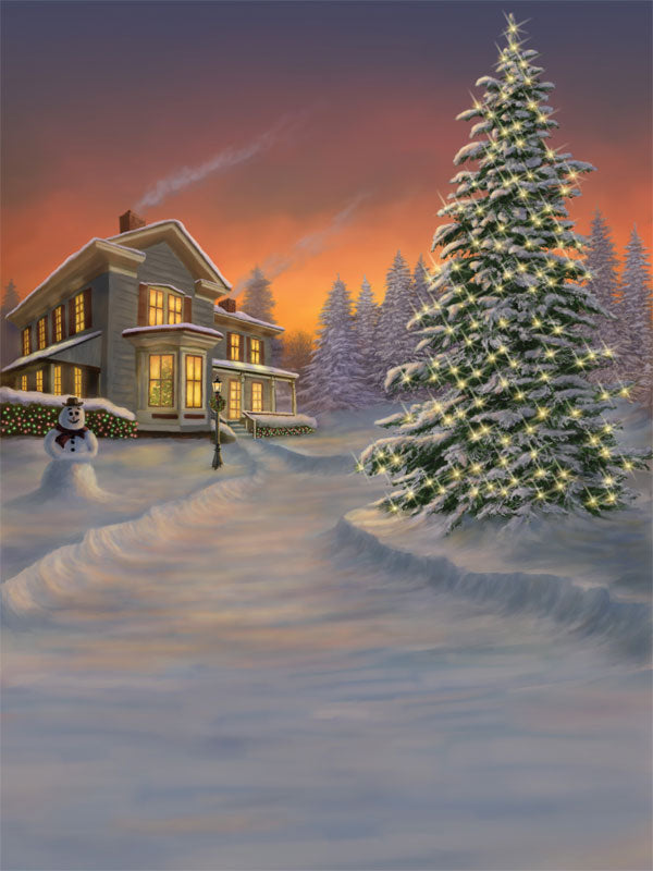A snow-covered holiday scene with a glowing house, lit Christmas tree, and soft sunset sky.