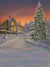 A snow-covered holiday scene with a glowing house, lit Christmas tree, and soft sunset sky.