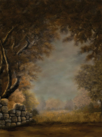 Autumn landscape backdrop with a stone wall, trees, and a hazy background, ideal for professional photoshoots.