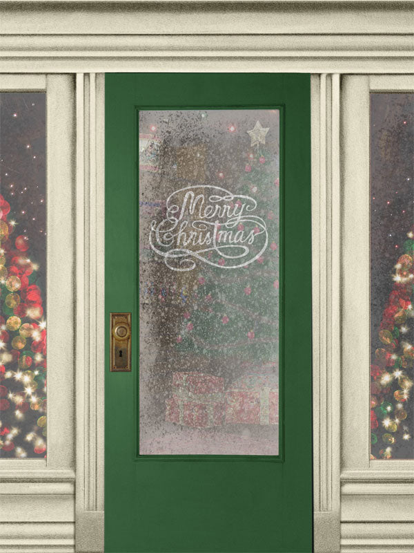 Merry Christmas Door Photography Backdrop - A Christmas-themed photography backdrop featuring a green door with frosted glass and "Merry Christmas" written on it, with festive holiday lights in the background.