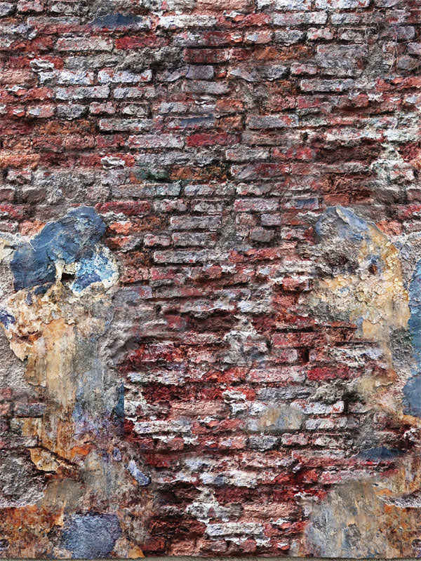 Distressed red brick photo backdrop with weathered plaster.