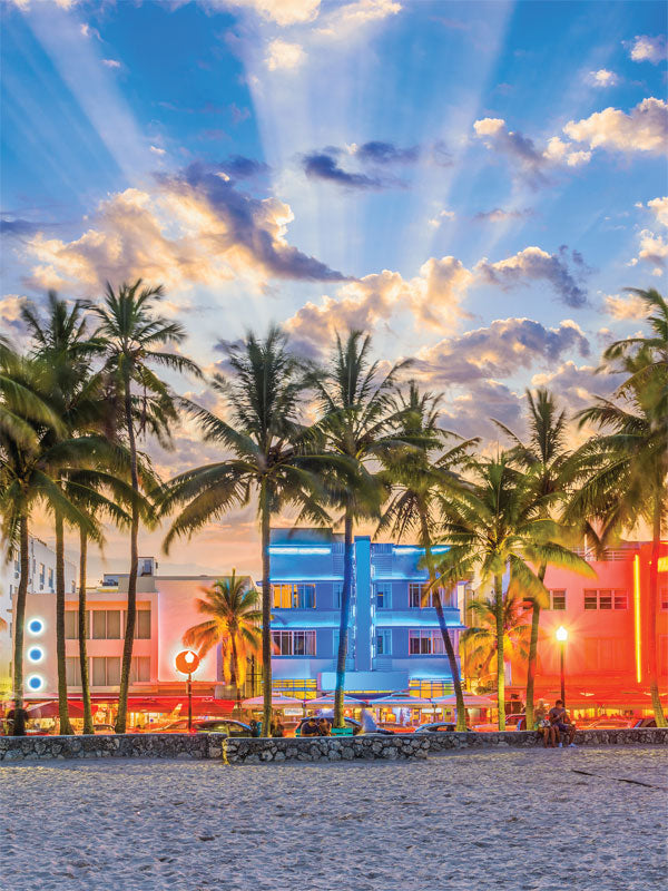 Miami Beach Neon Nights Photography Backdrop - Photography backdrop featuring Miami’s iconic Ocean Drive with palm trees and neon-lit art deco buildings at sunset.