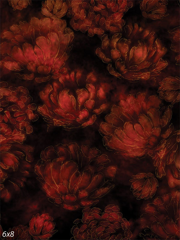 Midnight Red Floral Photography Backdrop - Midnight red floral photography backdrop with deep red flowers against a black background, ideal for fashion or bridal photoshoots.