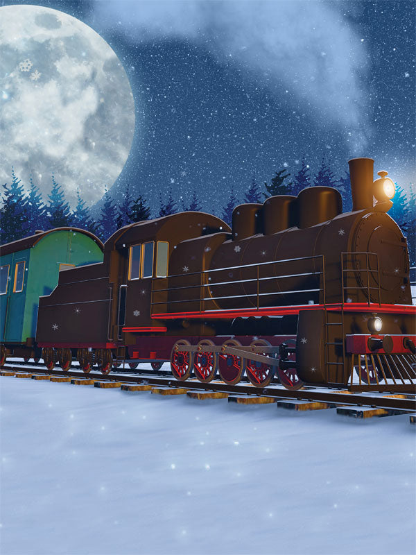 Midnight Snowy Steam Train Photography Backdrop - A stunning photography backdrop featuring a vintage steam train traveling through a snowy landscape under a full moon.