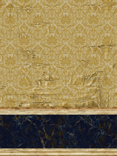 A detailed photography backdrop with a vintage gold damask pattern and a lower section of dark blue marbled texture, designed for professional use.