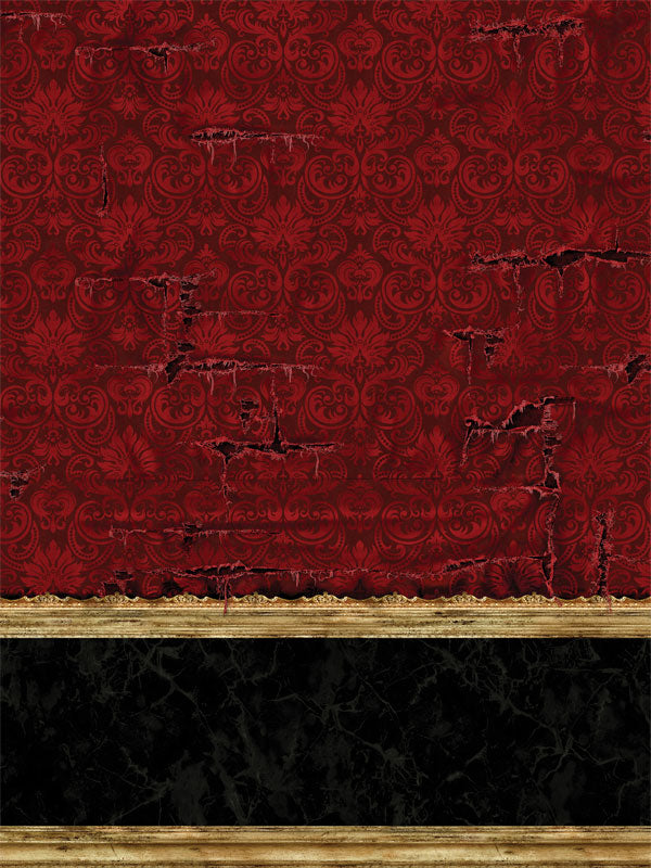 Rustic red distressed wallpaper photography backdrop with gold trim and black accent, ideal for vintage-style photoshoots.