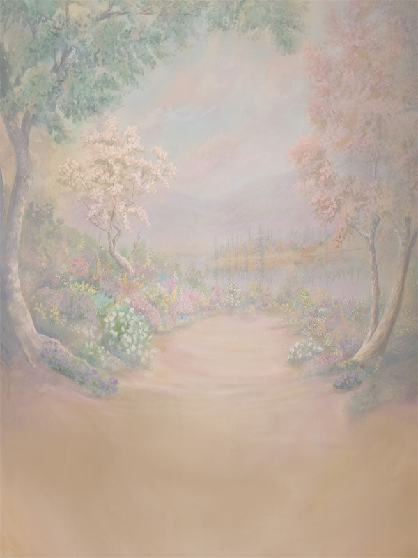 Soft, pastel-painted garden scene with blooming flowers and misty meadow light.