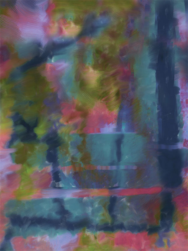 Painterly backdrop with soft teal, red, and mossy green brushstrokes.