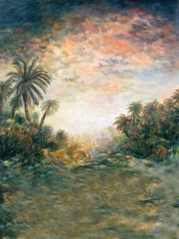 A dramatic tropical sunset photography backdrop featuring lush palm trees and a moody, painterly sky, ideal for beach-inspired and fine art photography.