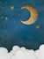 Moon and Stars Photography Backdrop - Dreamy moon and stars backdrop with golden crescent moon, stars, and clouds on a deep blue sky, perfect for children’s photography.