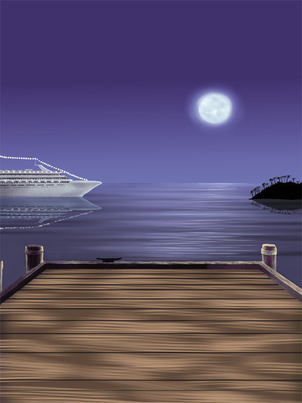 Moonlight bay dock photography backdrop with a glowing full moon, still waters, and a peaceful nighttime ambiance.