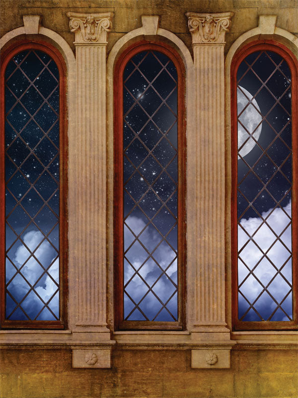 Moonlit Castle Windows Photography Backdrop - Photography backdrop featuring castle windows overlooking a moonlit night sky with stars and clouds, ideal for fantasy-themed photoshoots.