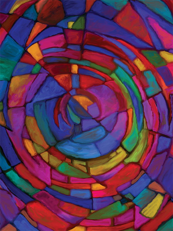Bold spiral pattern of multicolored blocks in a stained-glass mosaic design.
