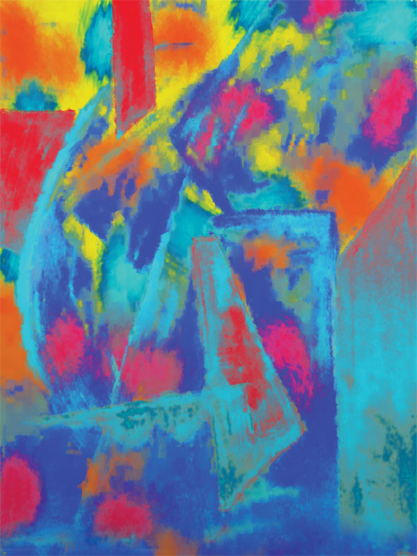 Bright abstract studio backdrop with vivid blue, red, yellow, and geometric textures.