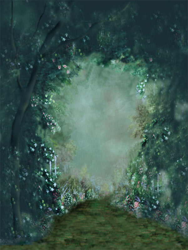 Mystical forest path photography backdrop with soft lighting, lush greenery, and a dreamlike atmosphere, perfect for fantasy portraits.